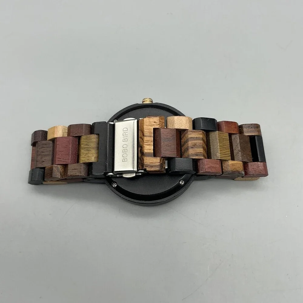 Bobo Bird Mens Watch 46mm Black Red Dial Wood Stainless Date New Battery 8